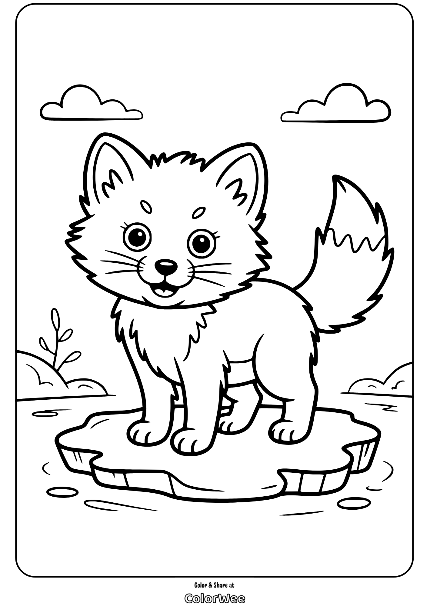 Cute Arctic fox coloring page for kids.