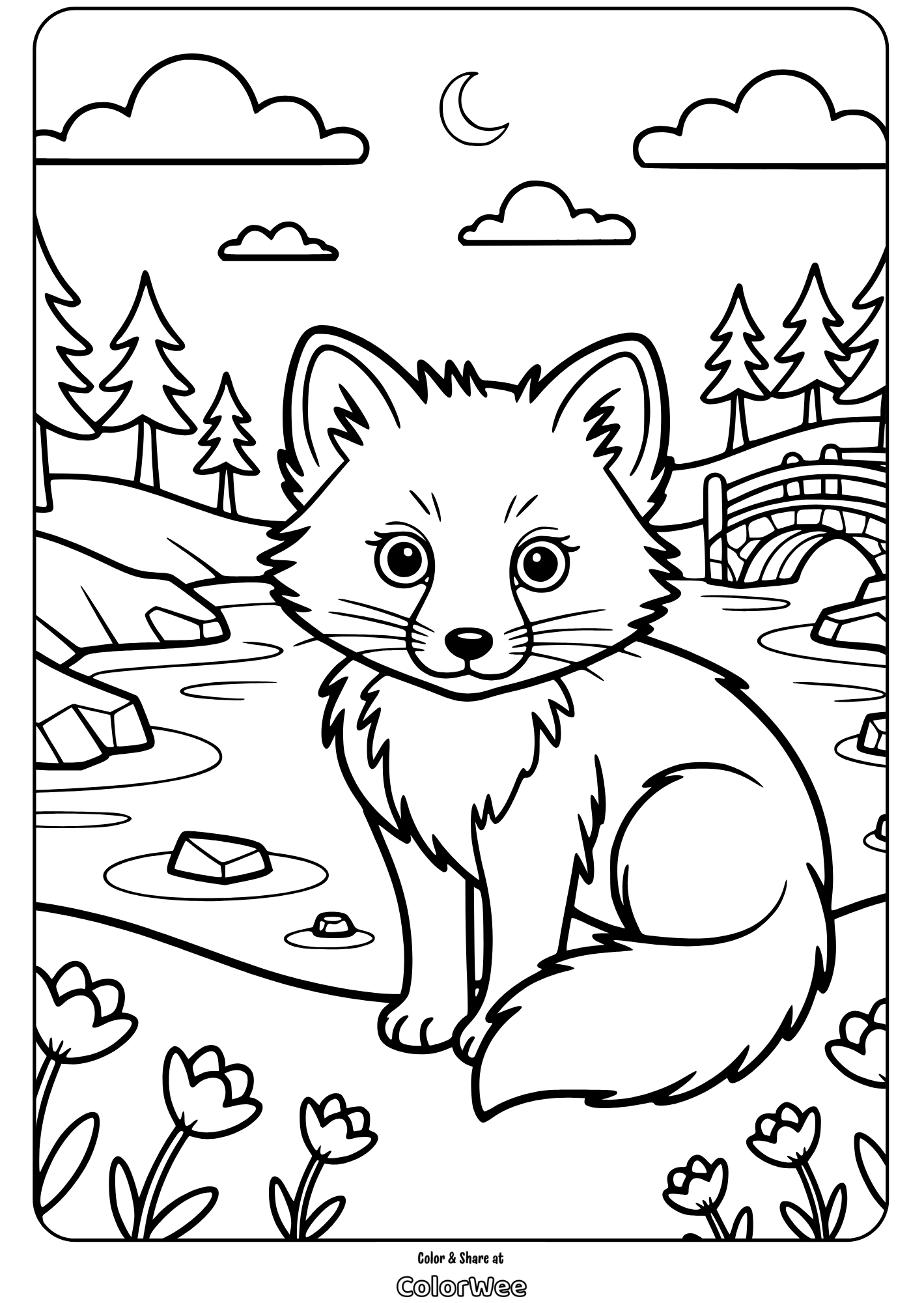 Adorable fox coloring page by a river with a bridge and flowers.