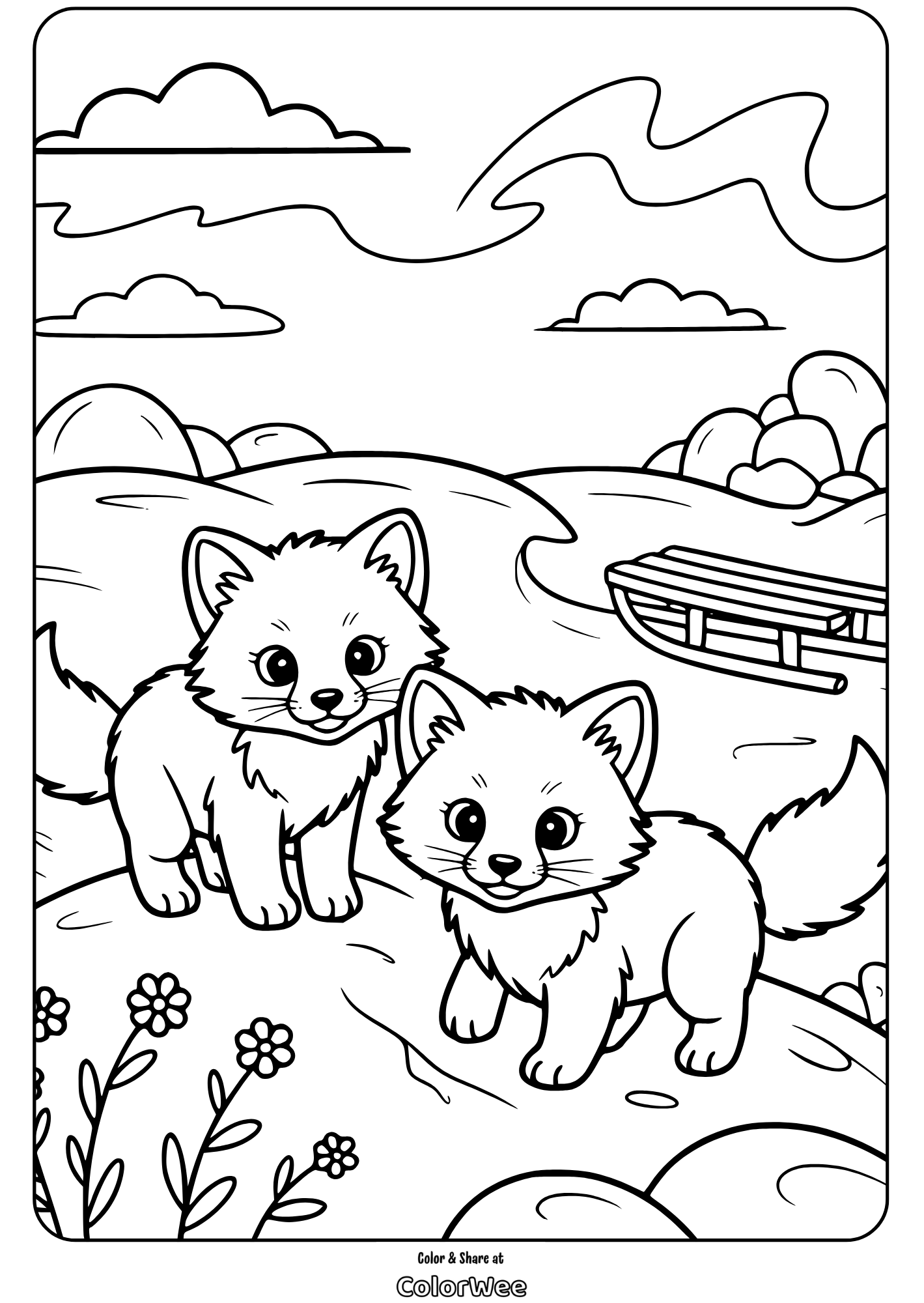 Two cute foxes in a nature scene coloring page.