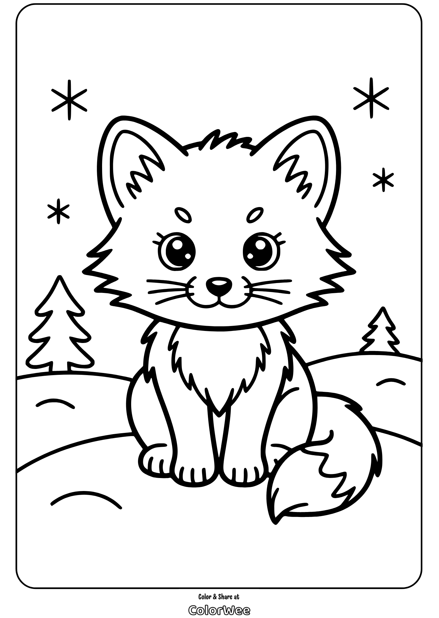 Cute fox in winter landscape coloring page.