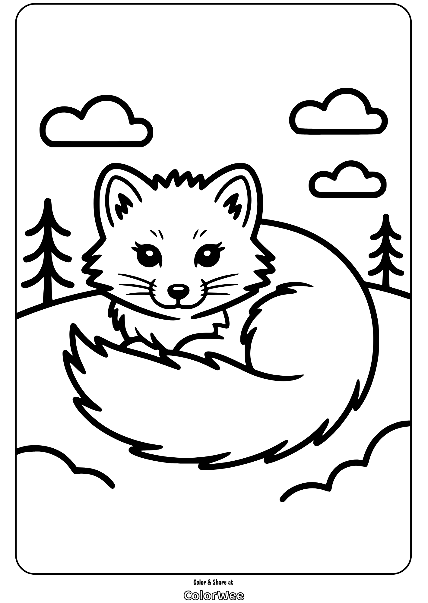 Fox coloring page with clouds and trees background.
