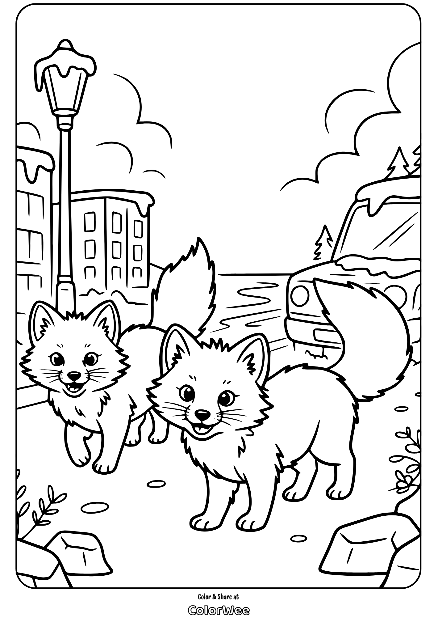 Two cute foxes in a snowy street coloring page.