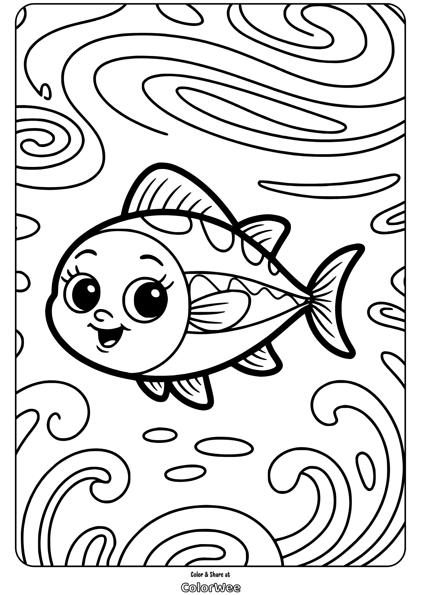 Cute fish coloring page with swirling ocean background.