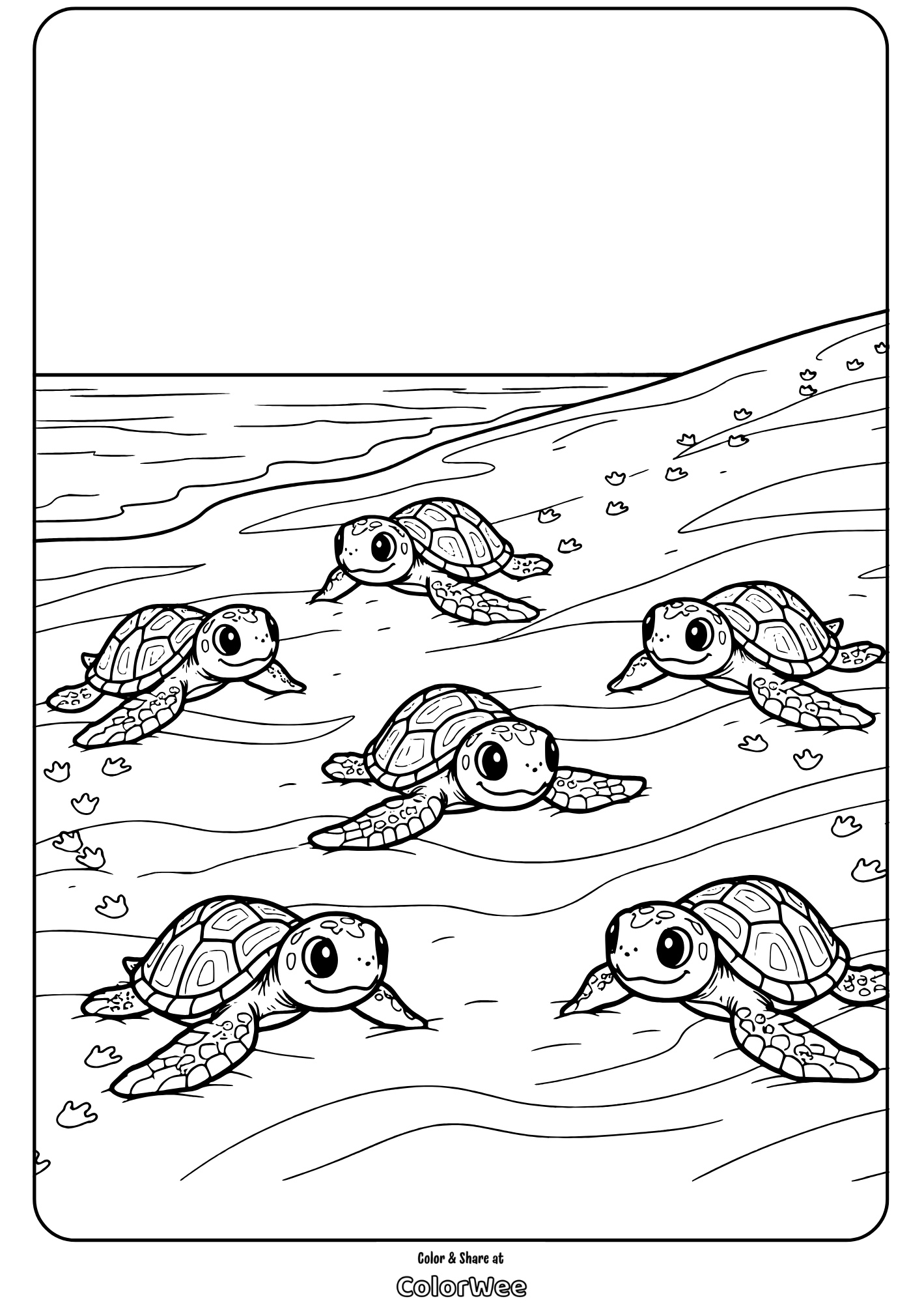 Sea turtles on the beach coloring page for kids to enjoy.