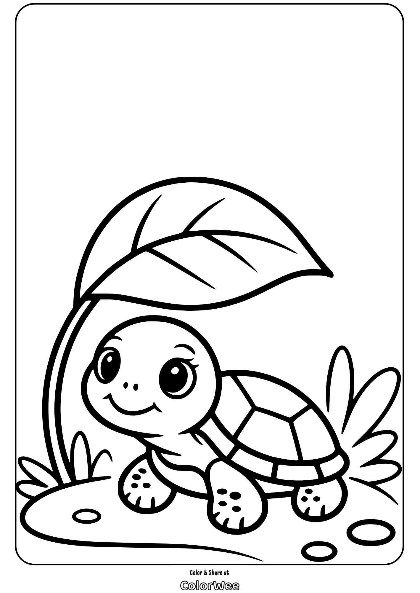 Cute turtle coloring page for kids with leaf background.
