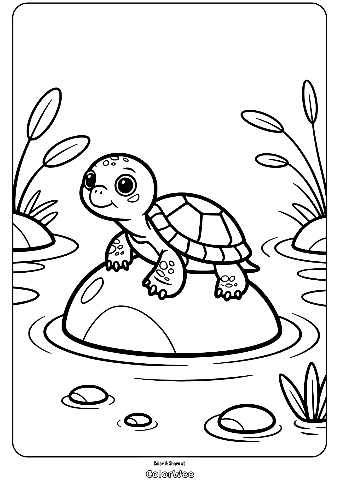 Cute turtle on rock in pond coloring page.