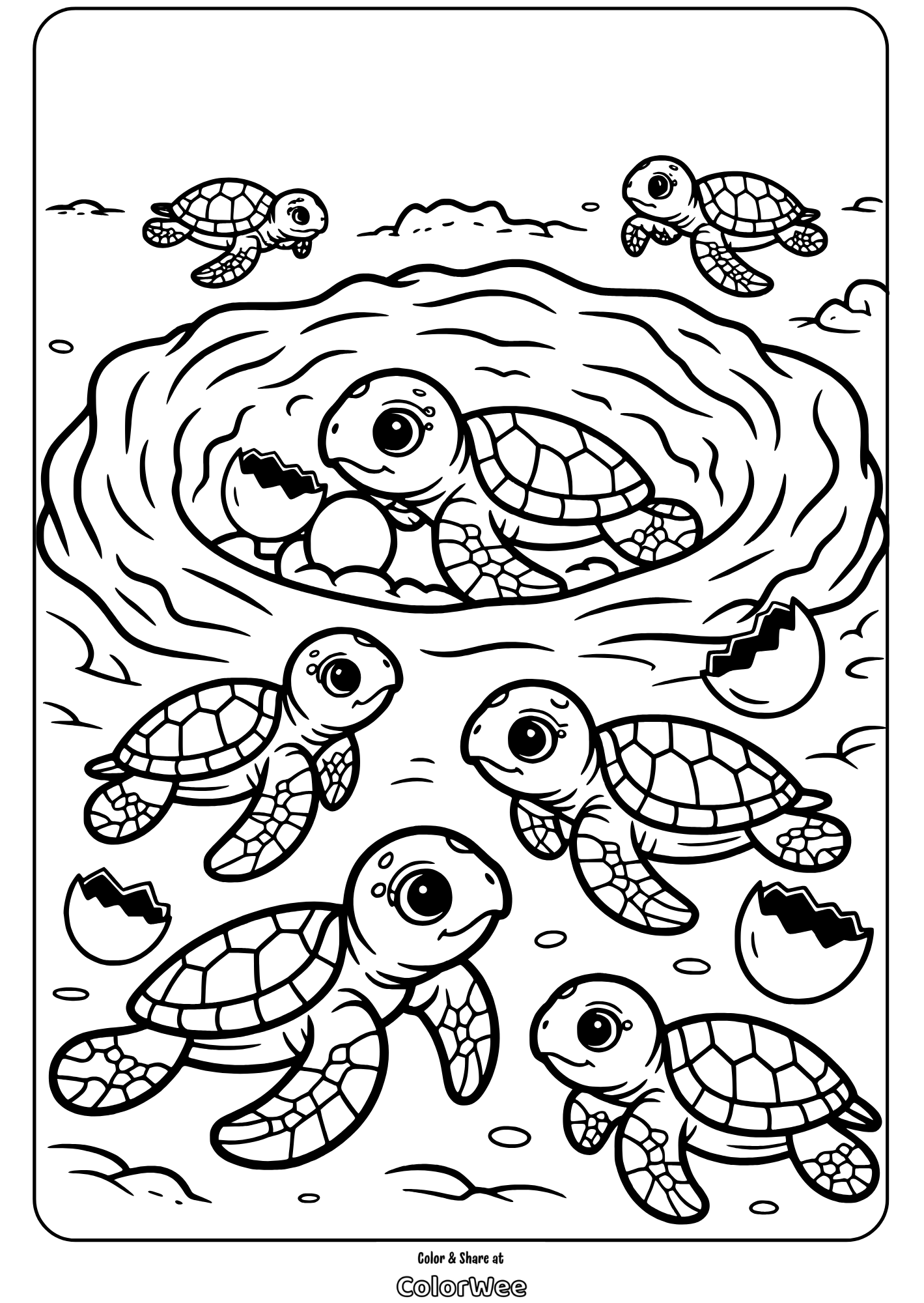 Baby sea turtles hatching coloring page