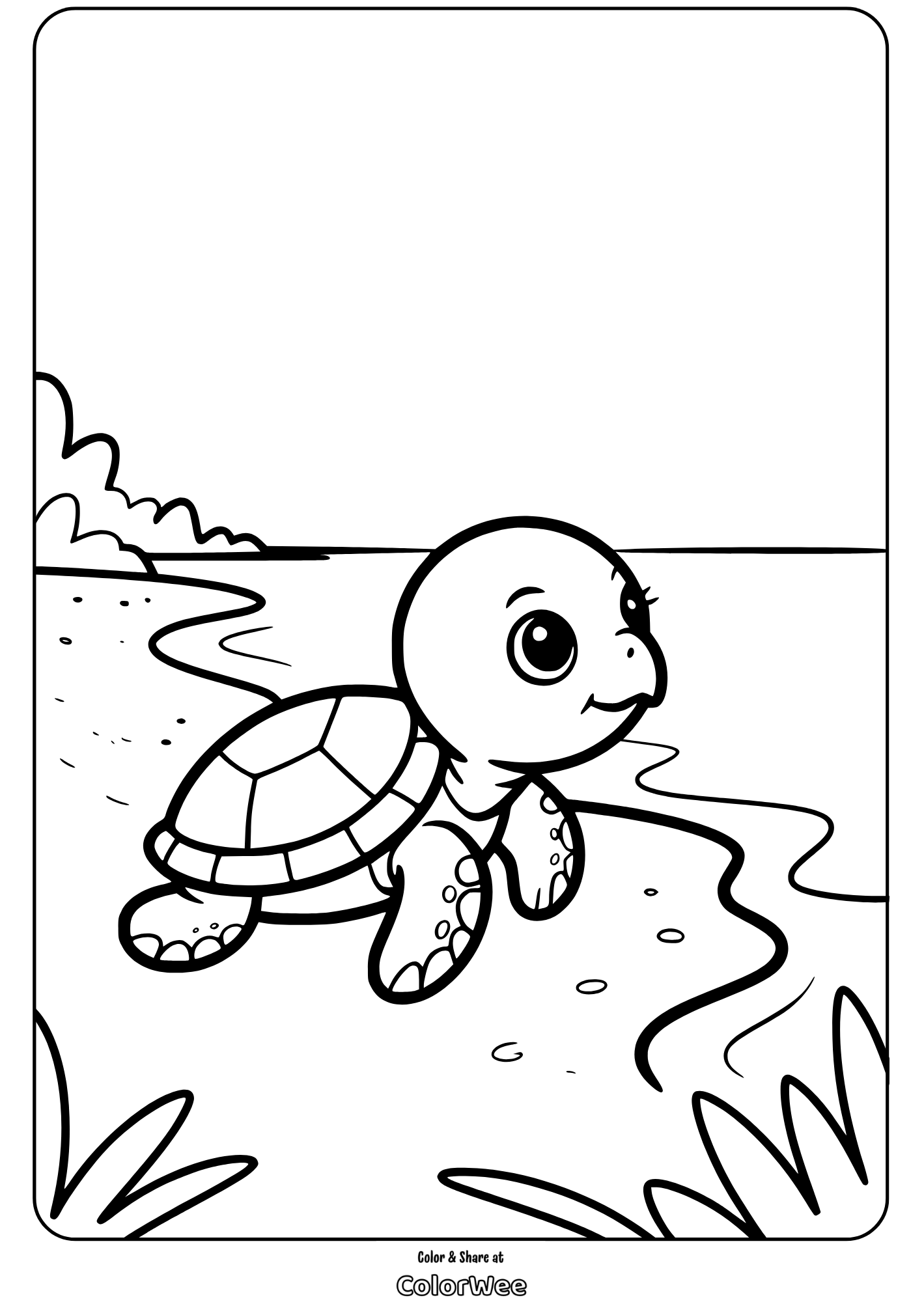 Cute turtle on a beach coloring page for kids.