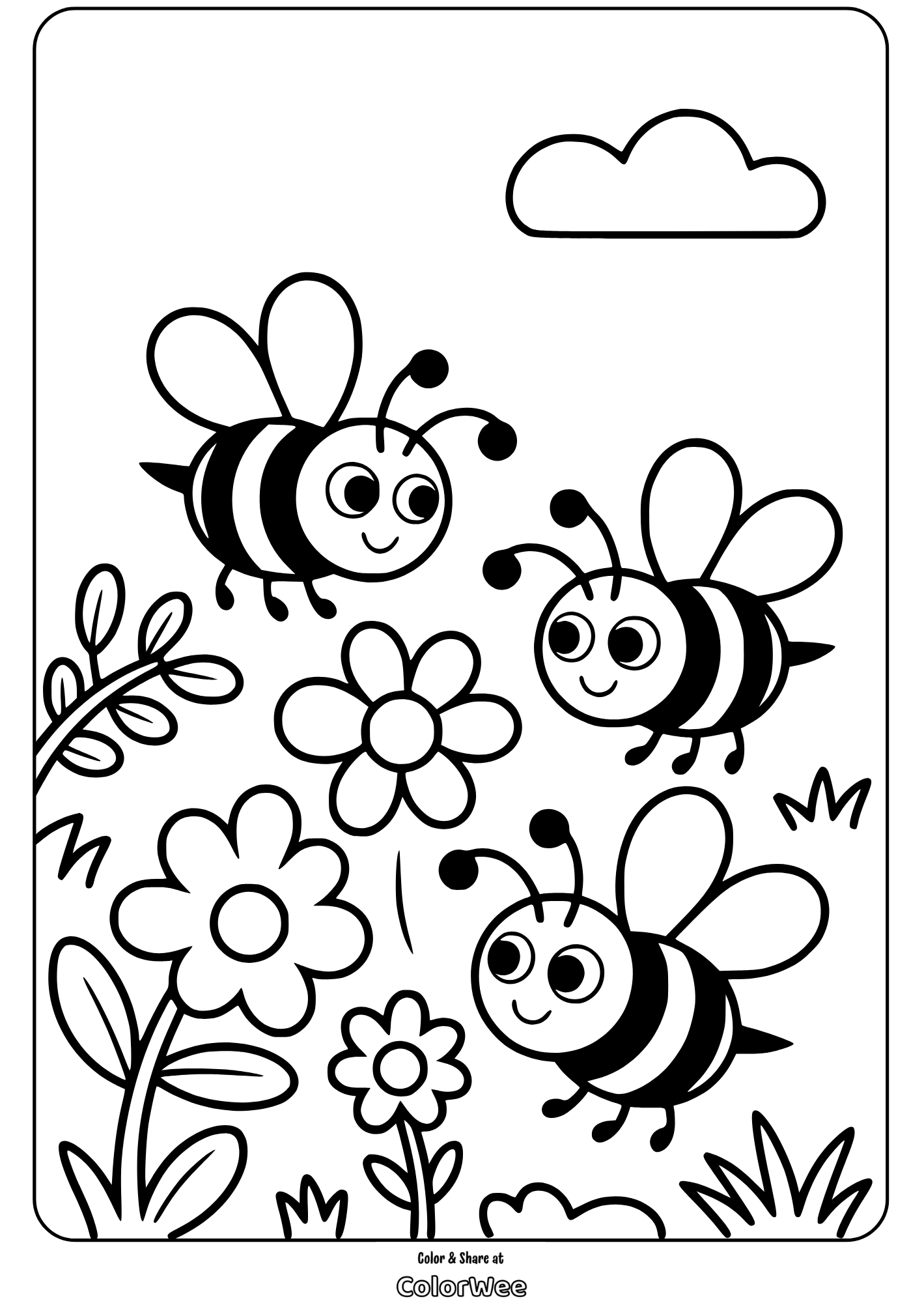 Cute bees and flowers coloring page for kids.