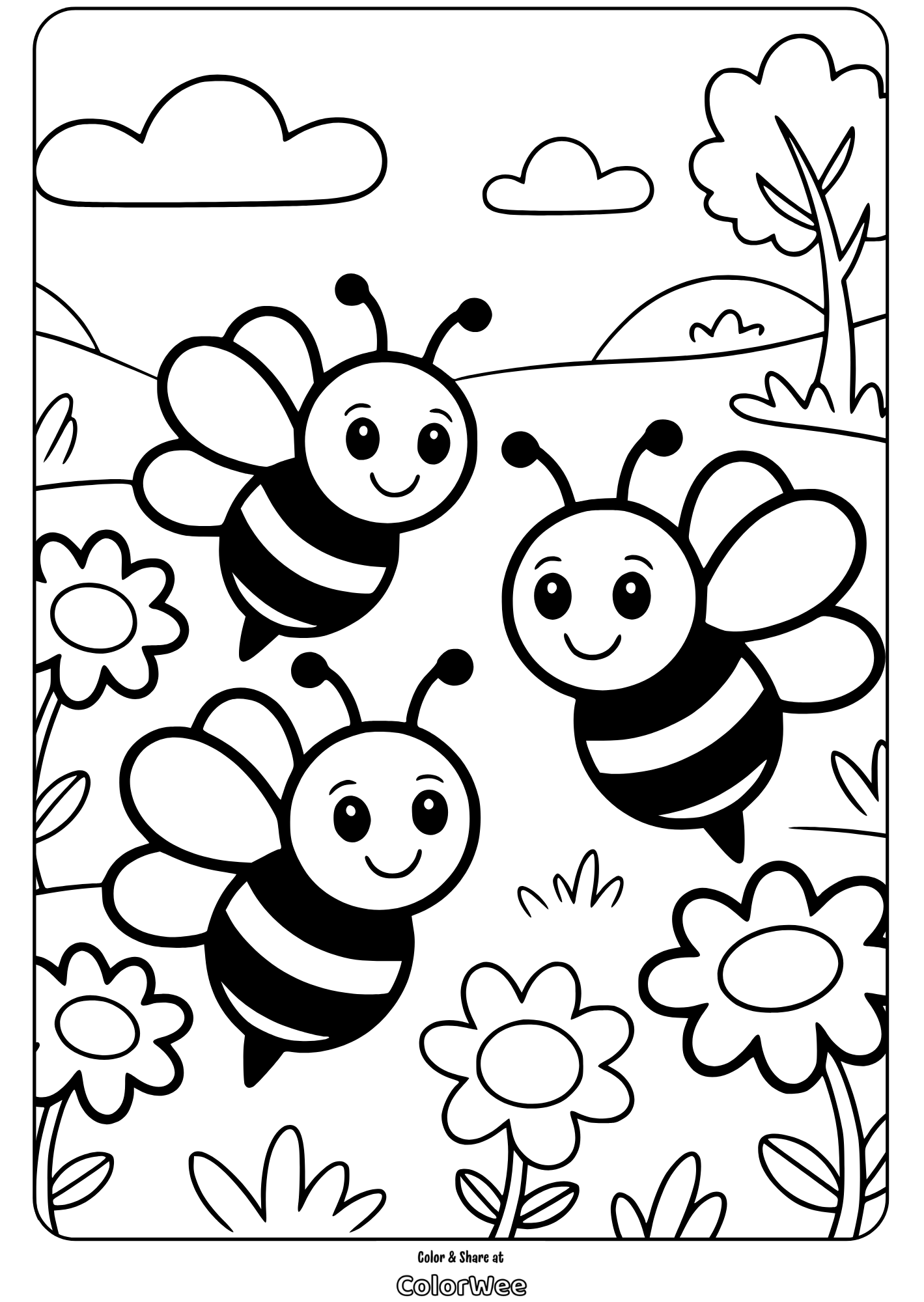 Three cute bees flying over flowers in a sunny meadow. Coloring page.