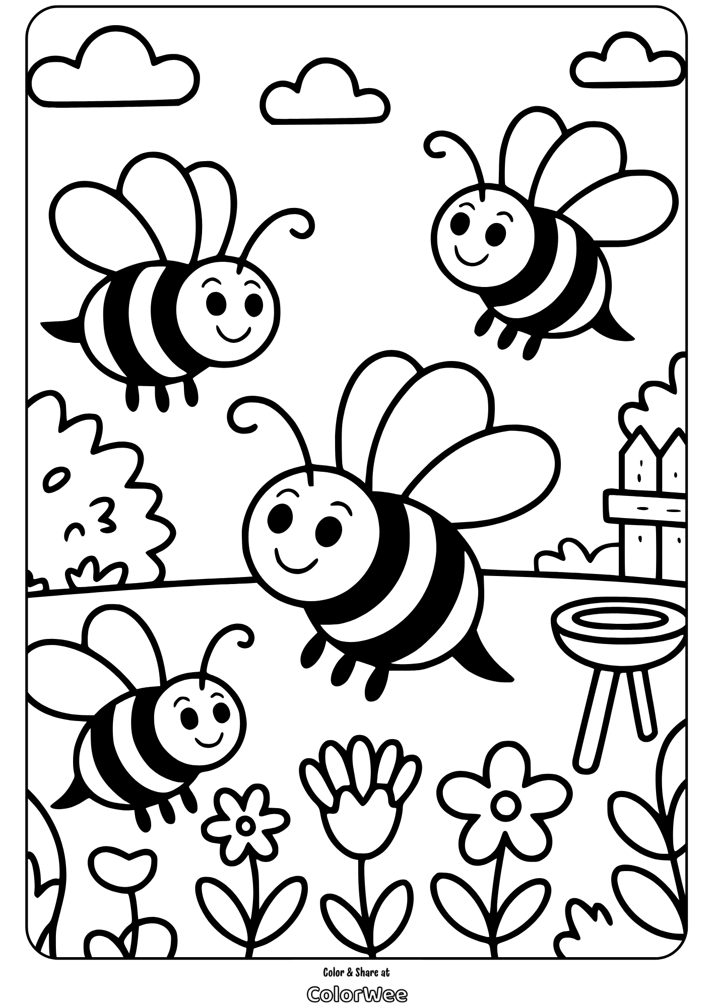 Cute bees and flowers coloring page for kids.