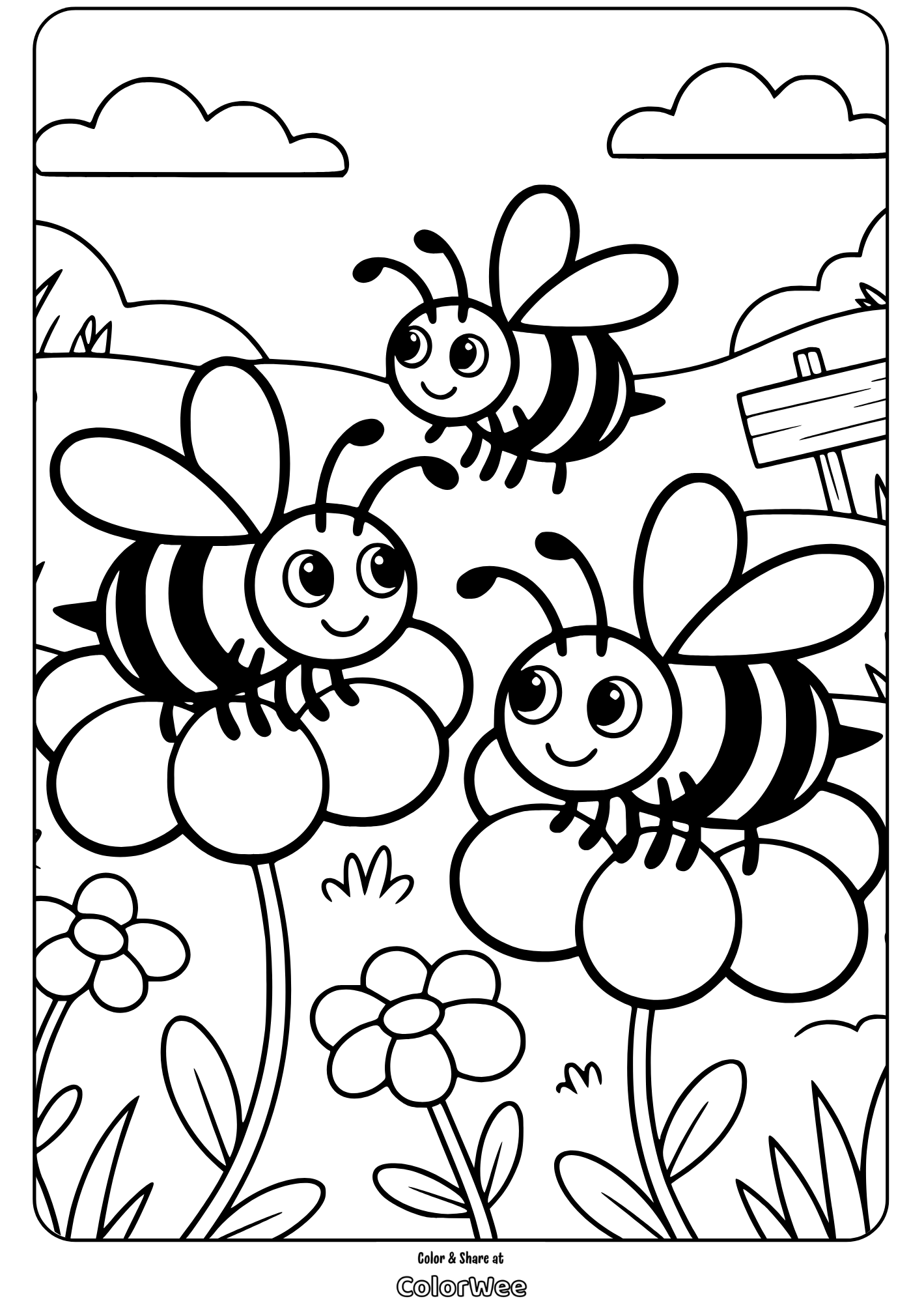 Three cute bees on flowers in a spring meadow coloring page
