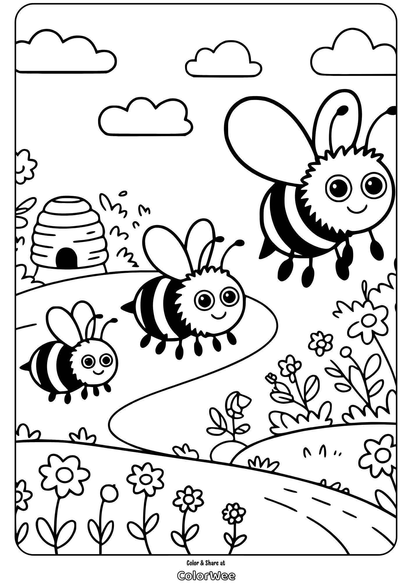 bee life cycle garden hive coloring page Cute bees and flowers coloring page for kids.