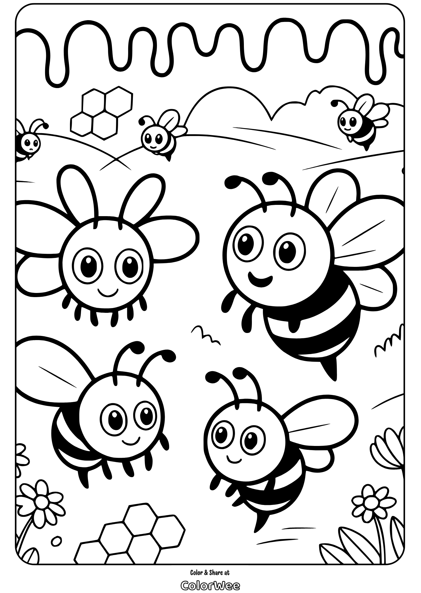 bee life cycle honeycomb harmony coloring page Cute bees in garden coloring page for kids.