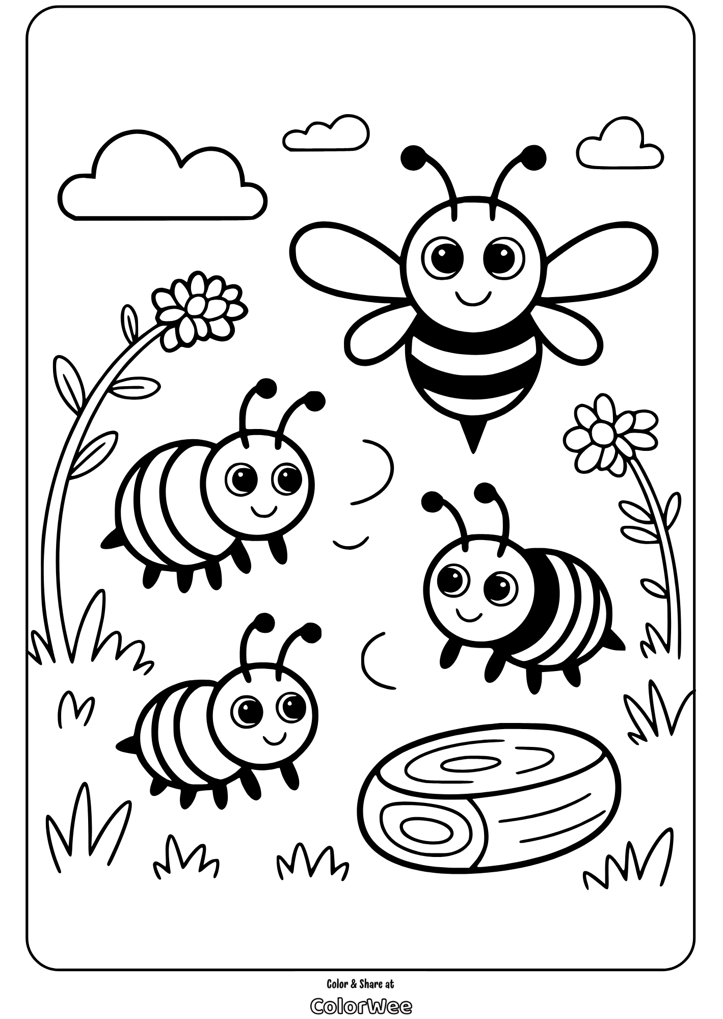 bee life cycle meadow path sky coloring page Cute bees in garden coloring page with flowers and clouds.