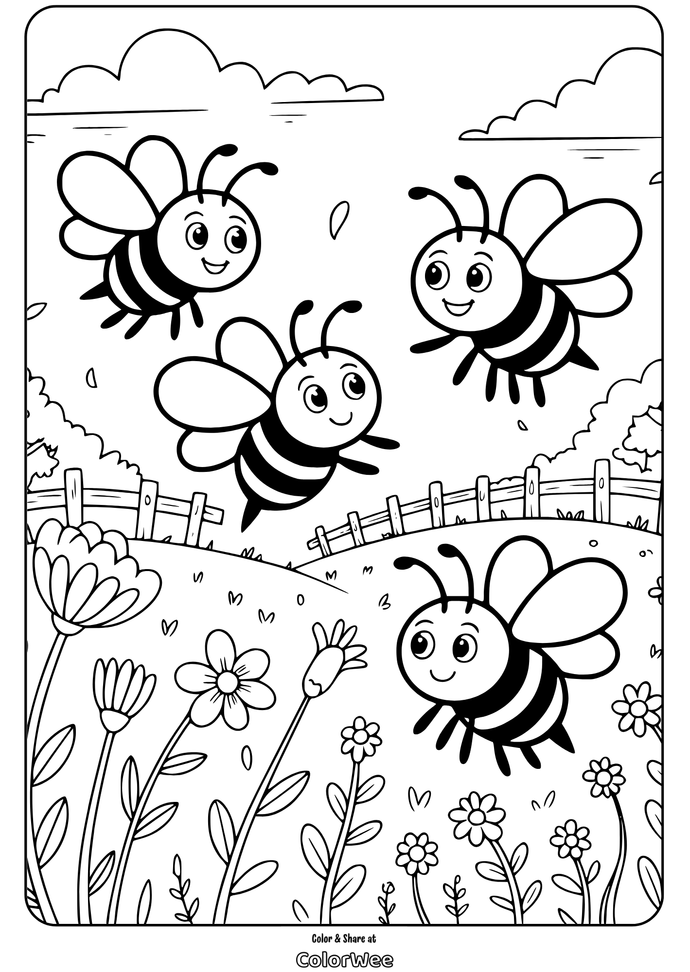 bees and flowers meadow dance coloring page Cute bees flying over a flower field coloring page.