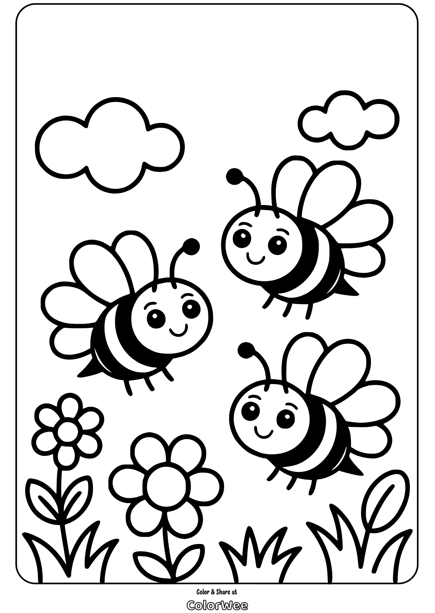 bees and flowers sunny meadow coloring page Cute cartoon bees with flowers in coloring page.