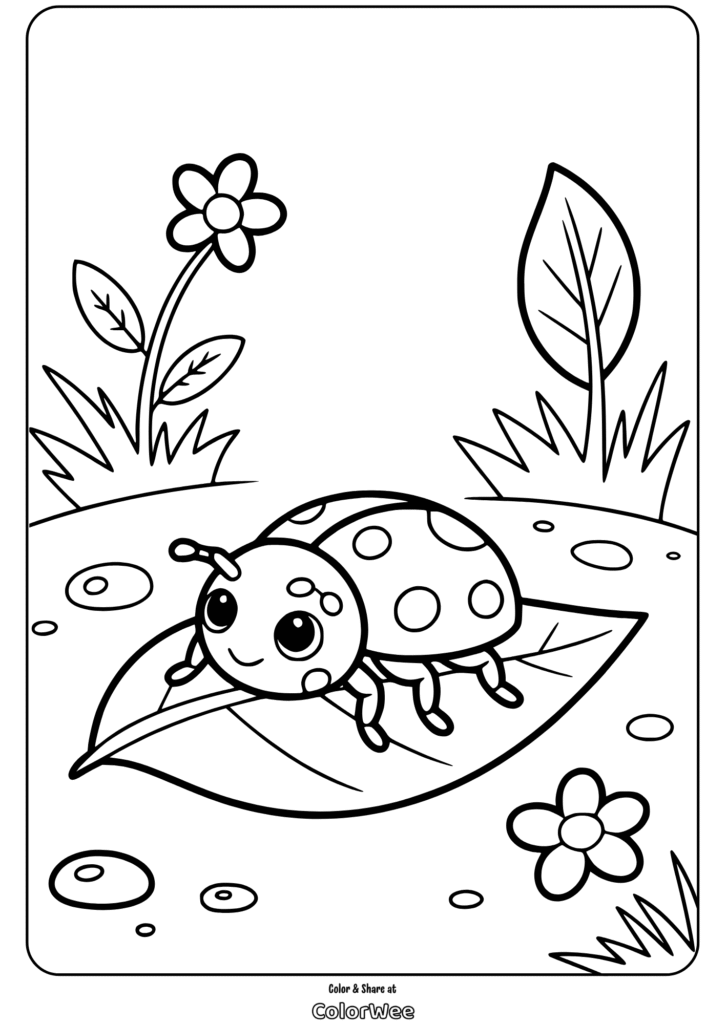 beetle and bug cute ladybug on leaf coloring page Cute ladybug on leaf coloring page with flowers.