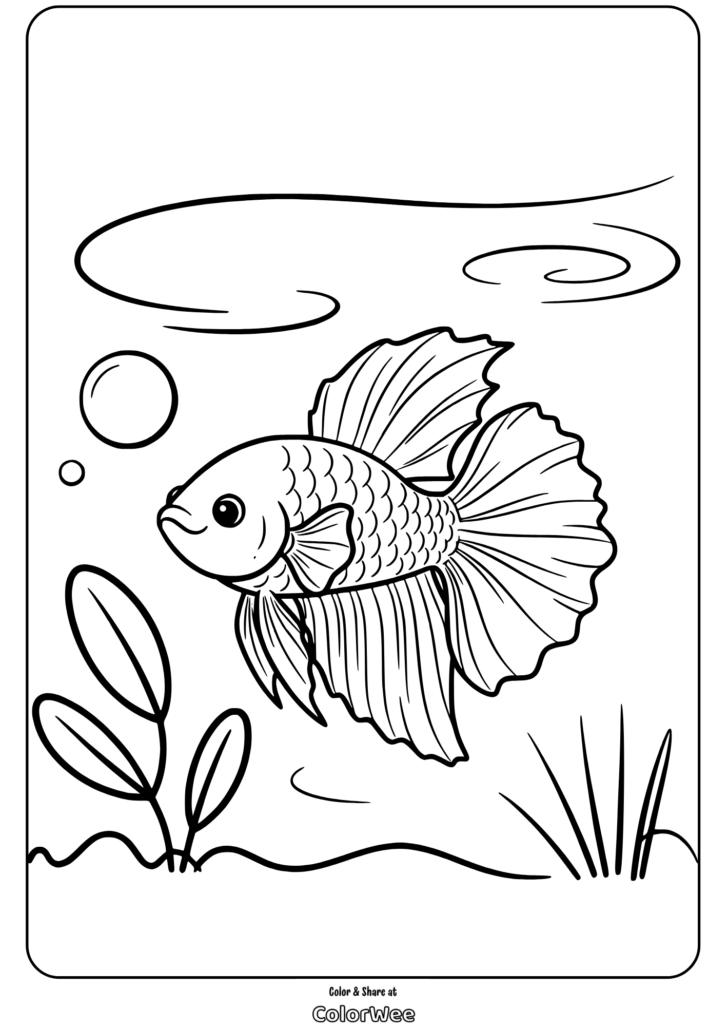 Betta fish coloring page with underwater plants and bubbles.