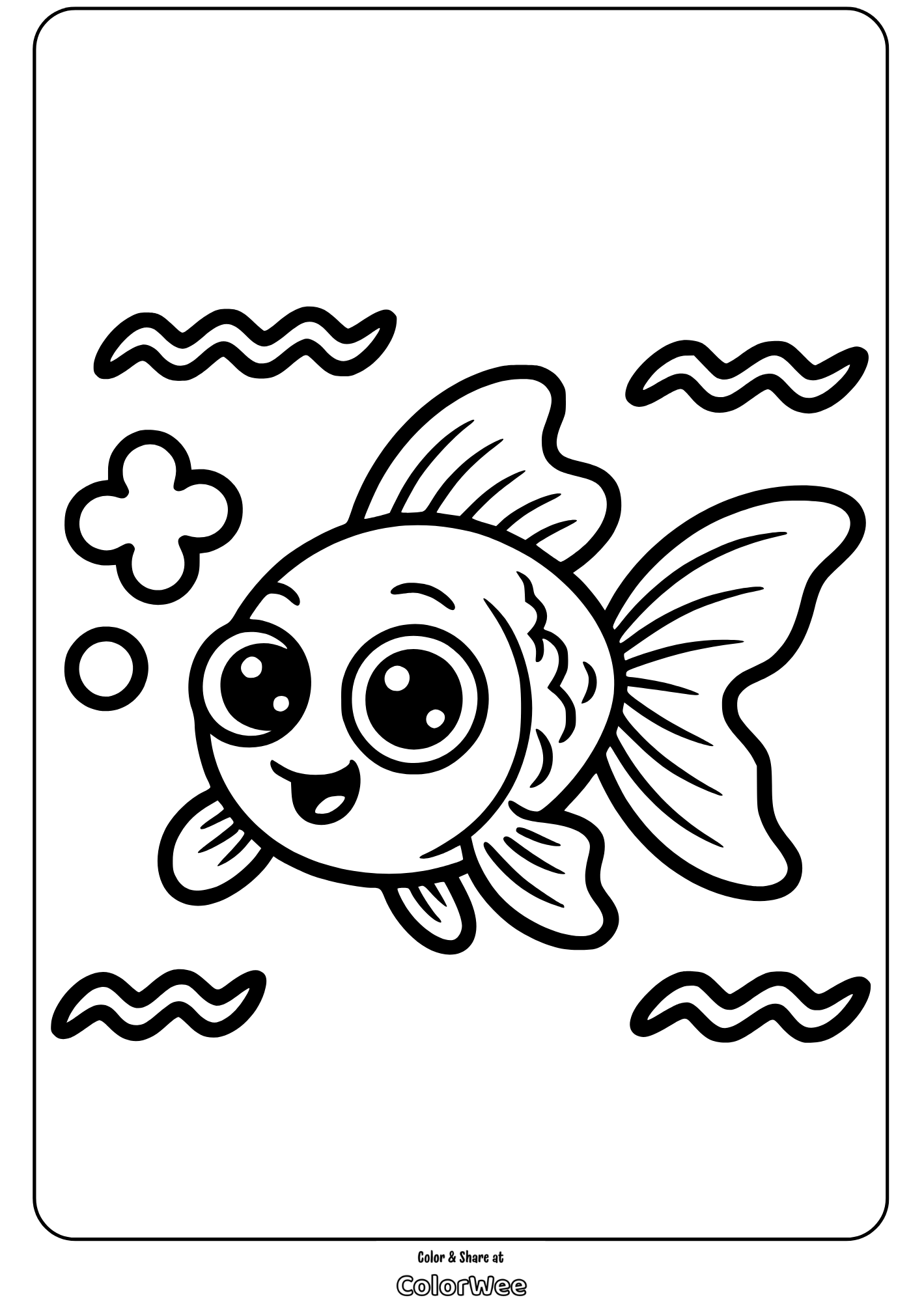 Cute fish coloring page with bubbles and waves. Perfect for kids' creativity.