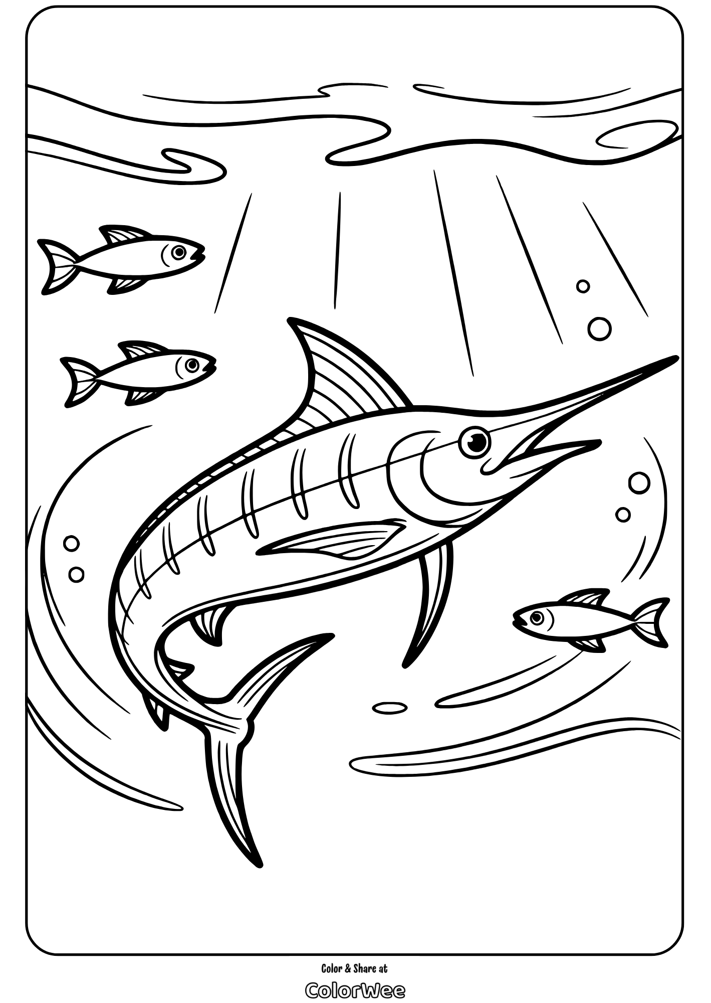 Marlin and fish coloring page for kids' ocean fun
