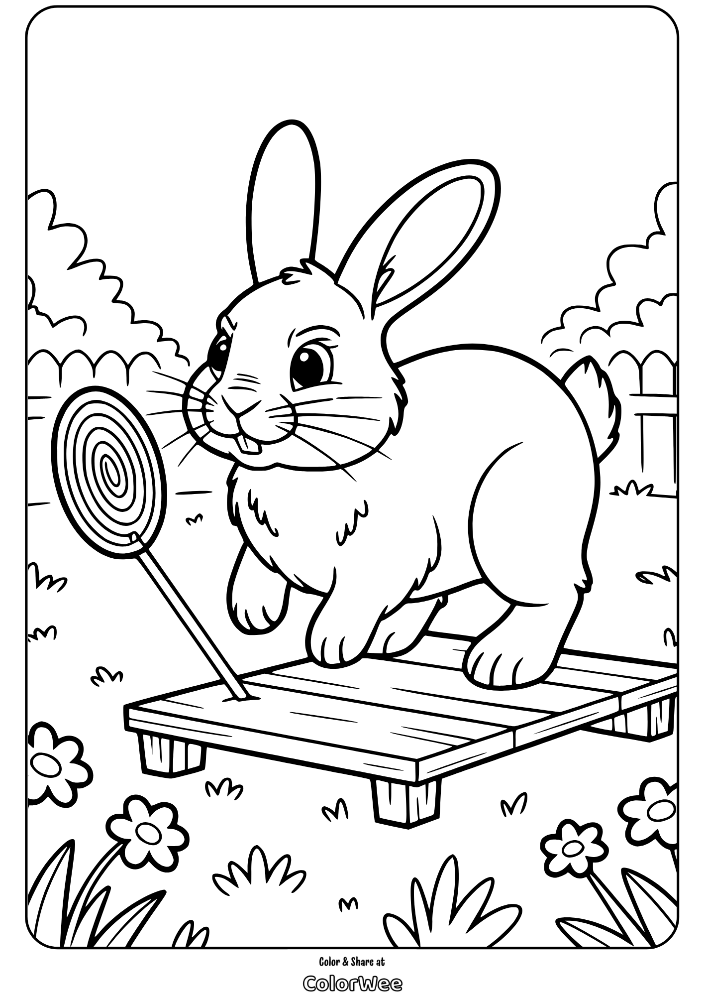 Cute bunny coloring page with lollipop and flowers.