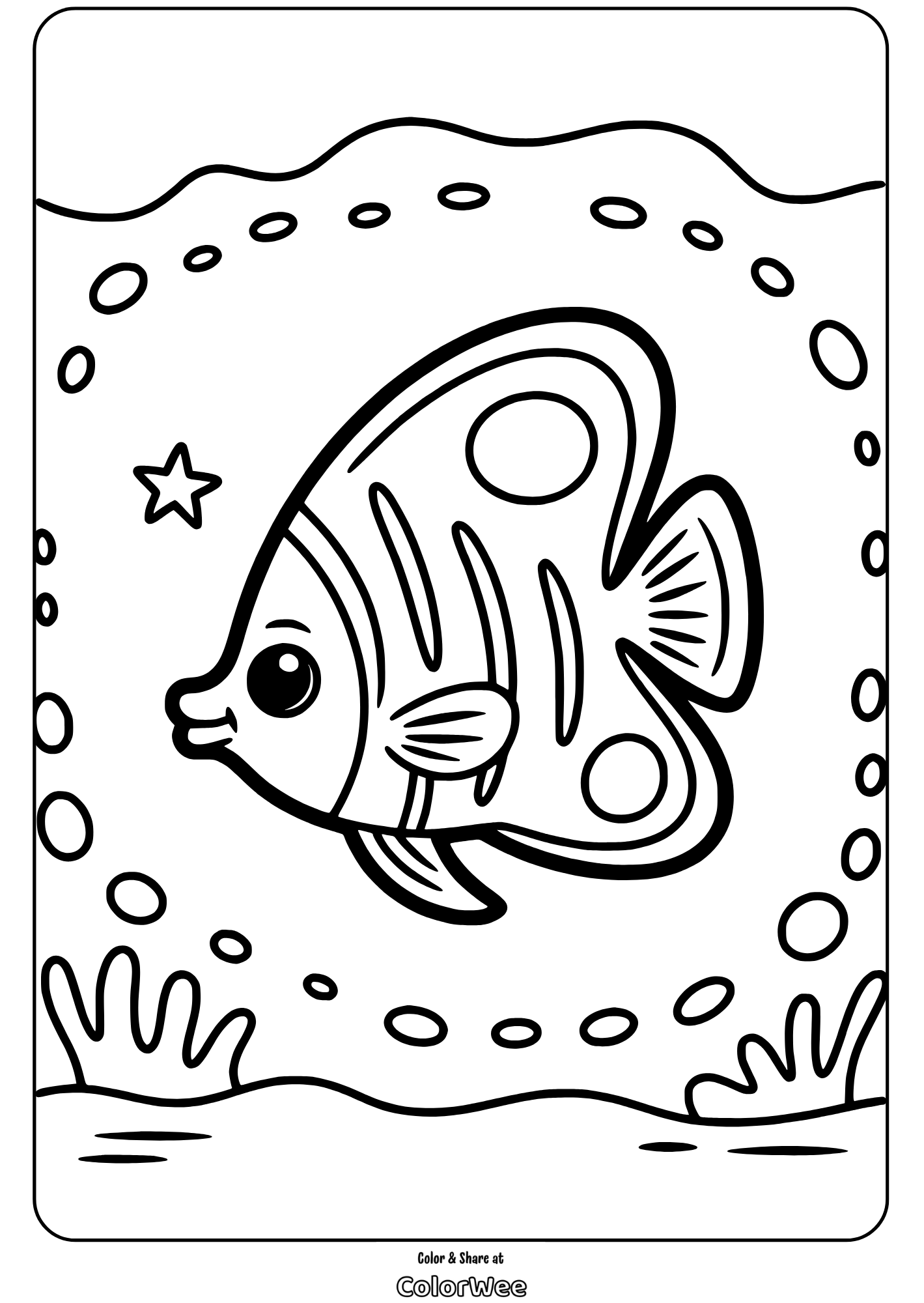 Coloring page of a cute fish with bubbles and star, under the sea.