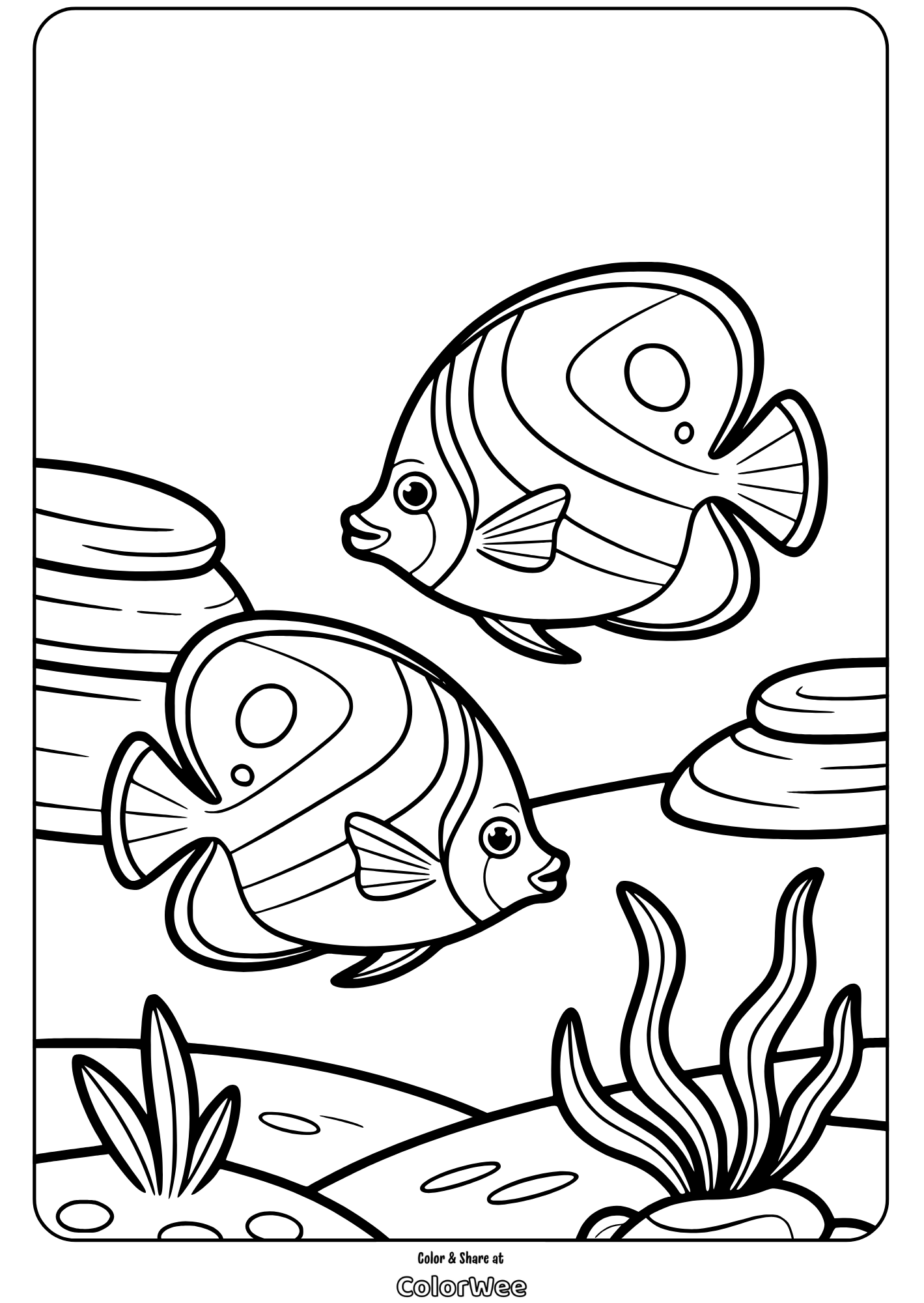 Coloring page of two fish swimming in an underwater scene.