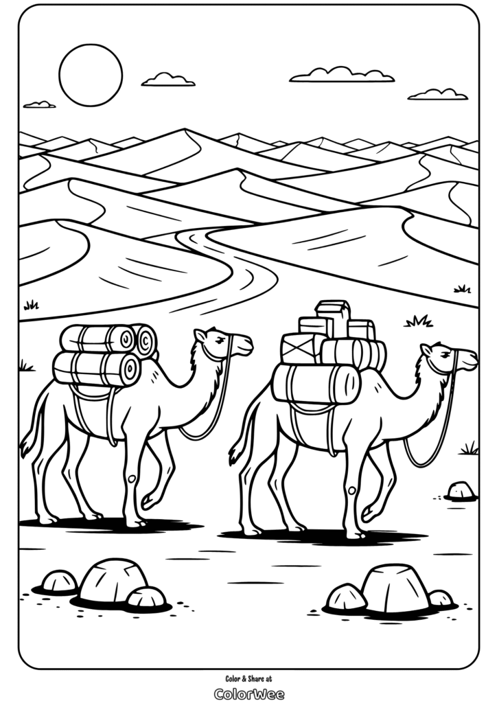 Camels in a desert landscape coloring page.