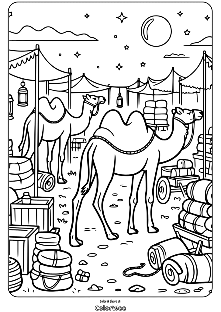 Camels in a desert market under a starry night sky coloring page.