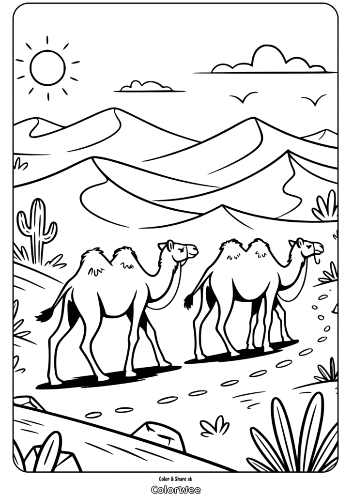 Camels walking in desert coloring page with a sunny sky and mountains.