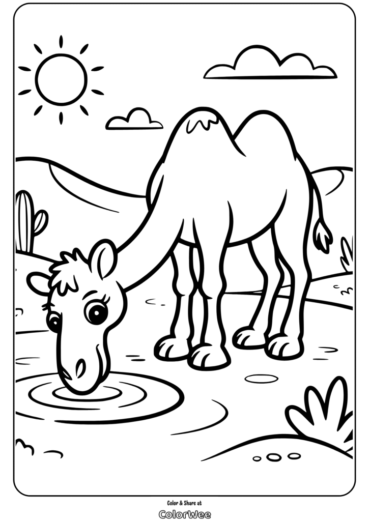 Camel Coloring Page: Desert Scene with Camel Drinking Water
