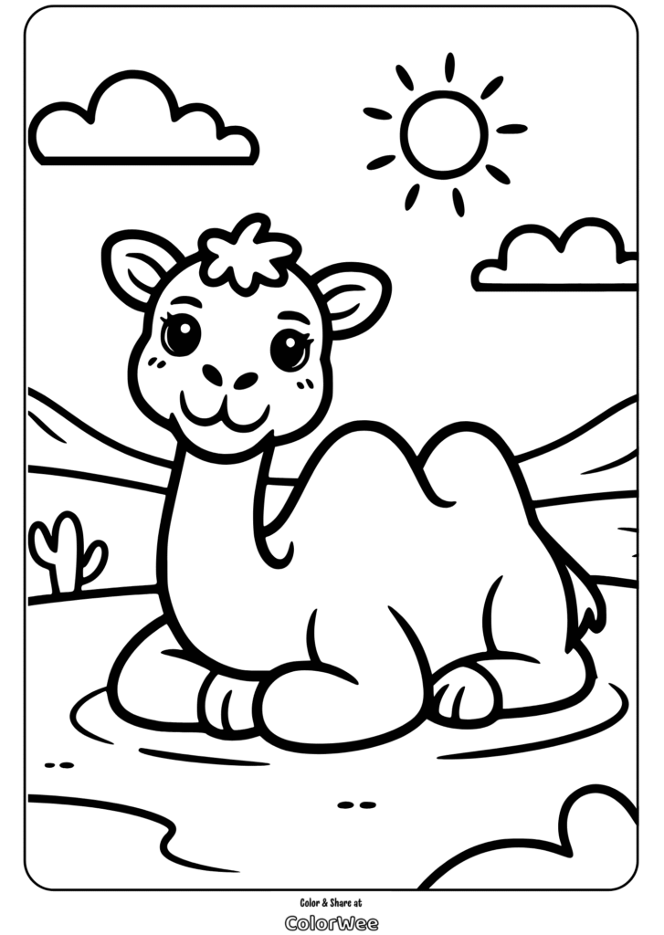 Cute Camel Coloring Page with Sun and Clouds