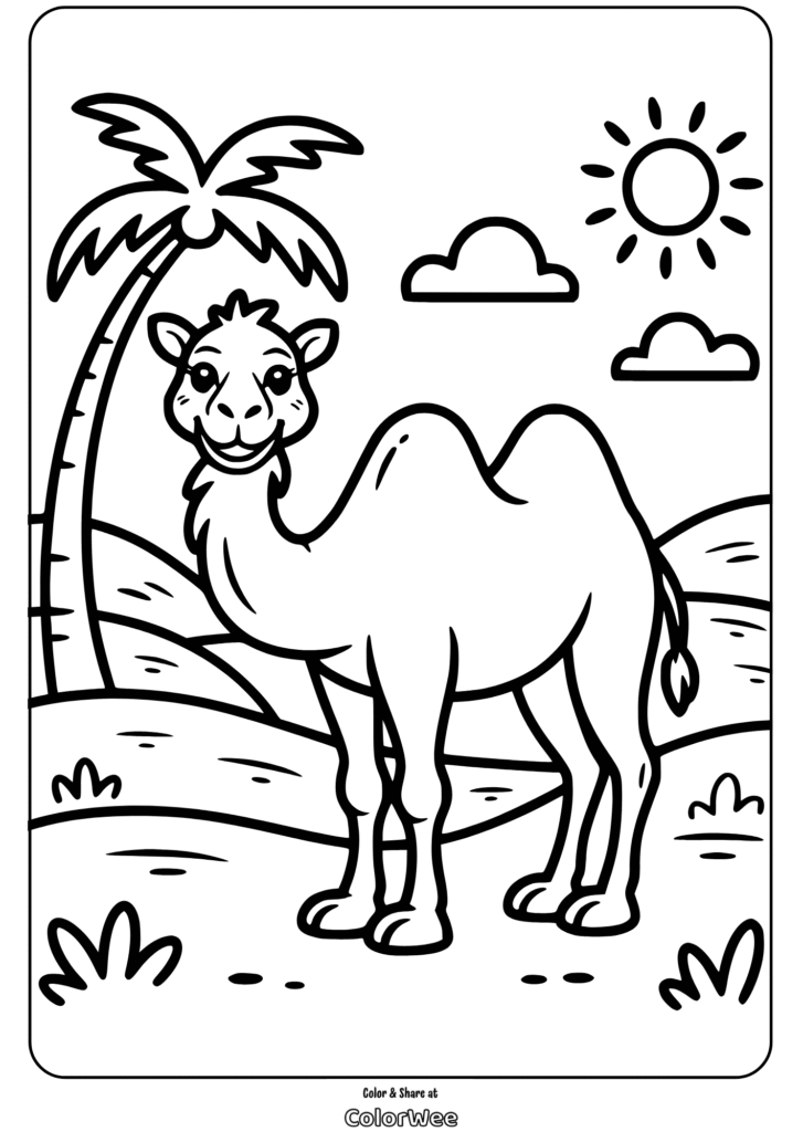 Camel coloring page with palm tree and sun in desert scenery.
