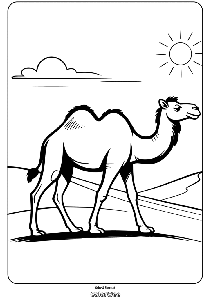 Camel coloring page with sun and desert landscape.