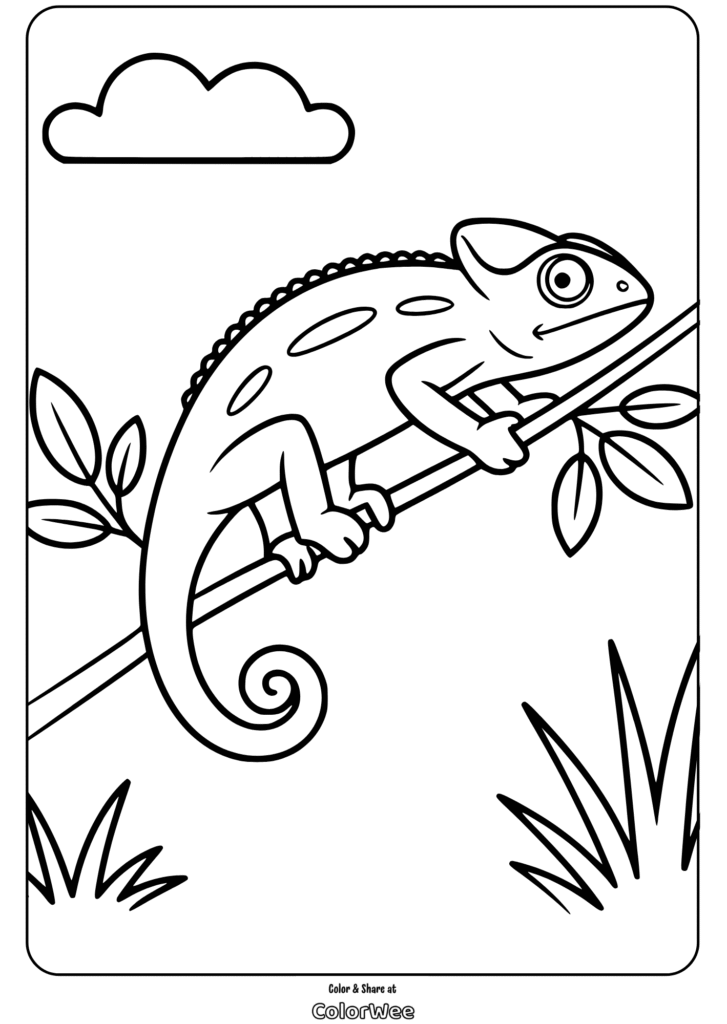 Chameleon on branch coloring page with leaves and cloud.