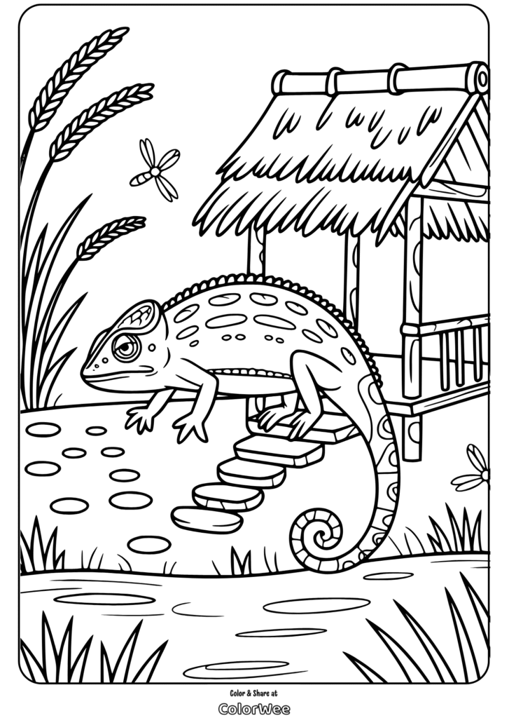 Chameleon on steps near a pond with dragonfly, coloring page.
