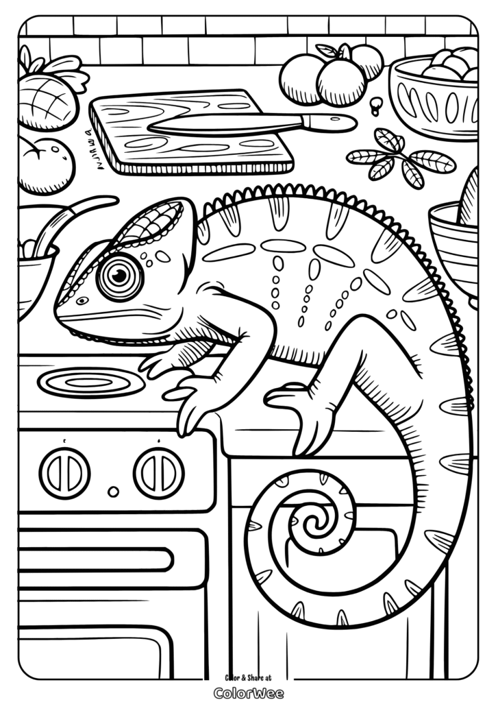 Chameleon on kitchen counter coloring page.
