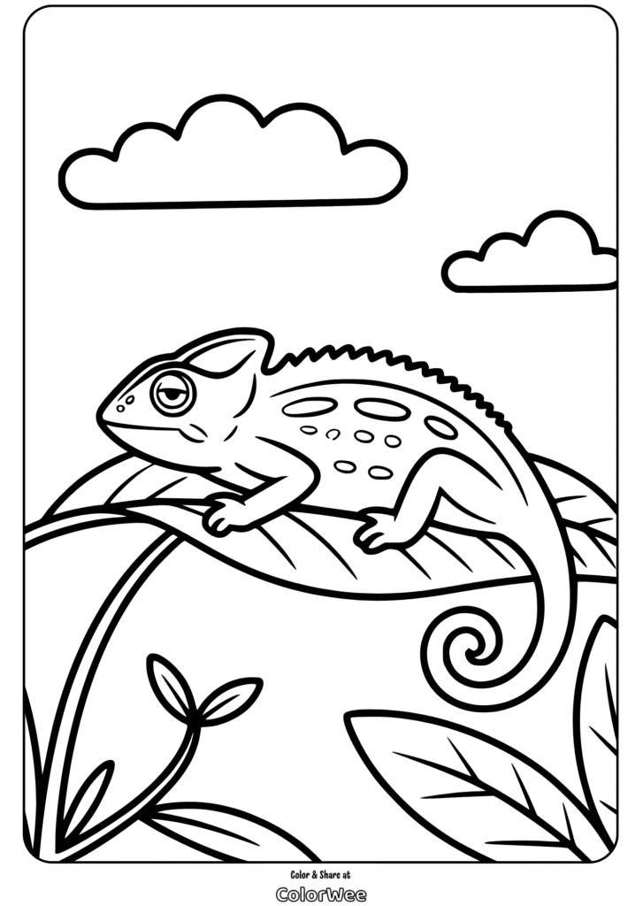 Chameleon coloring page for kids, lizard on leaf outline.