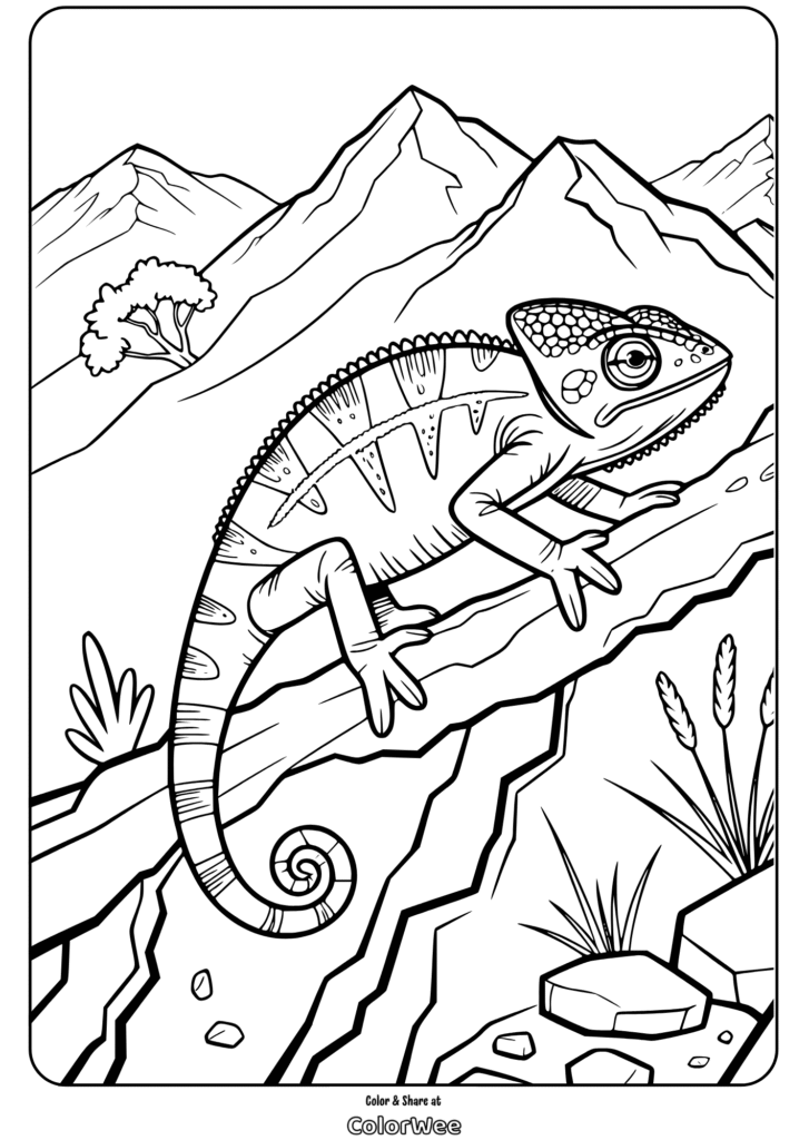 Coloring page of lizard on a rock with mountains in the background.