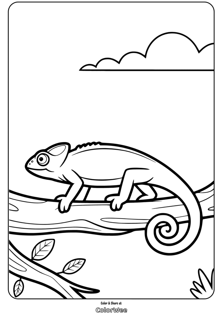 Chameleon coloring page on a branch with leaves.