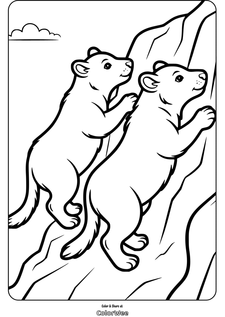 Two bear cubs climbing a rocky mountain coloring page.