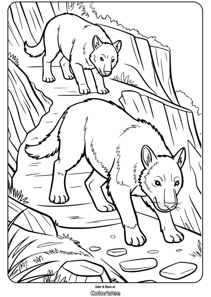 Two bear cubs walking on a rocky path coloring page.