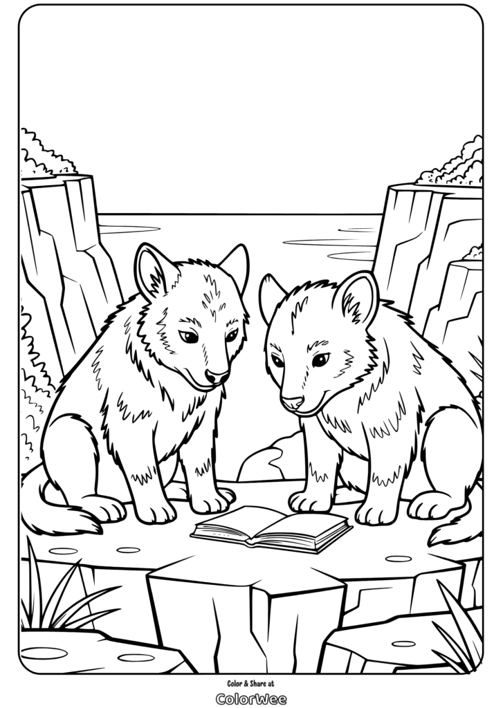 Two wolf pups reading a book on rocks by the sea coloring page.