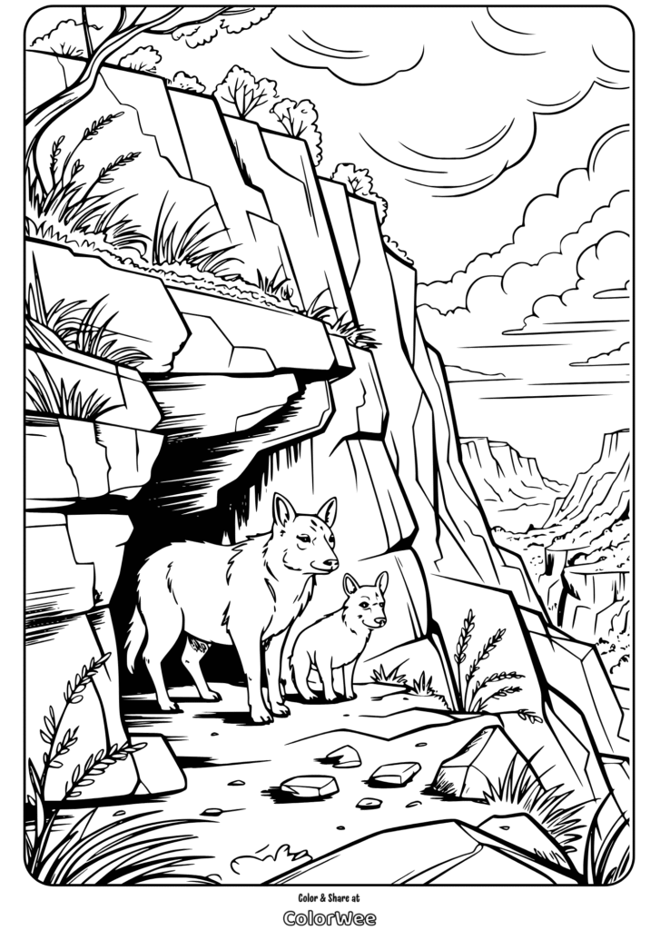 Adult and young wolf on rocky cliffs coloring page.