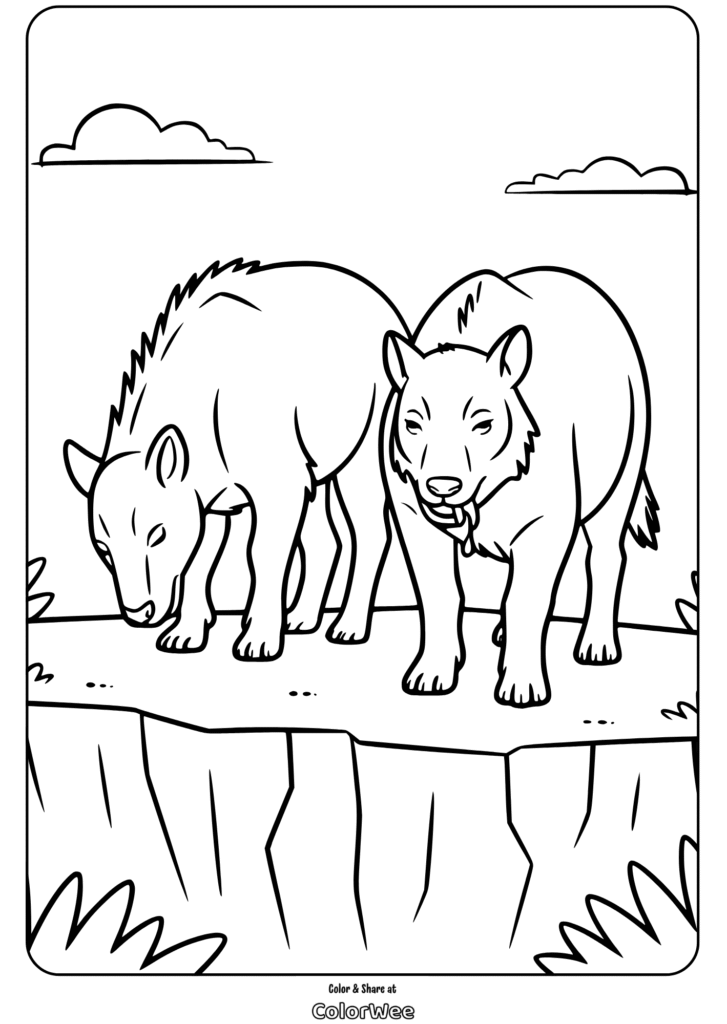 Coloring page with two bears standing on a cliff edge.