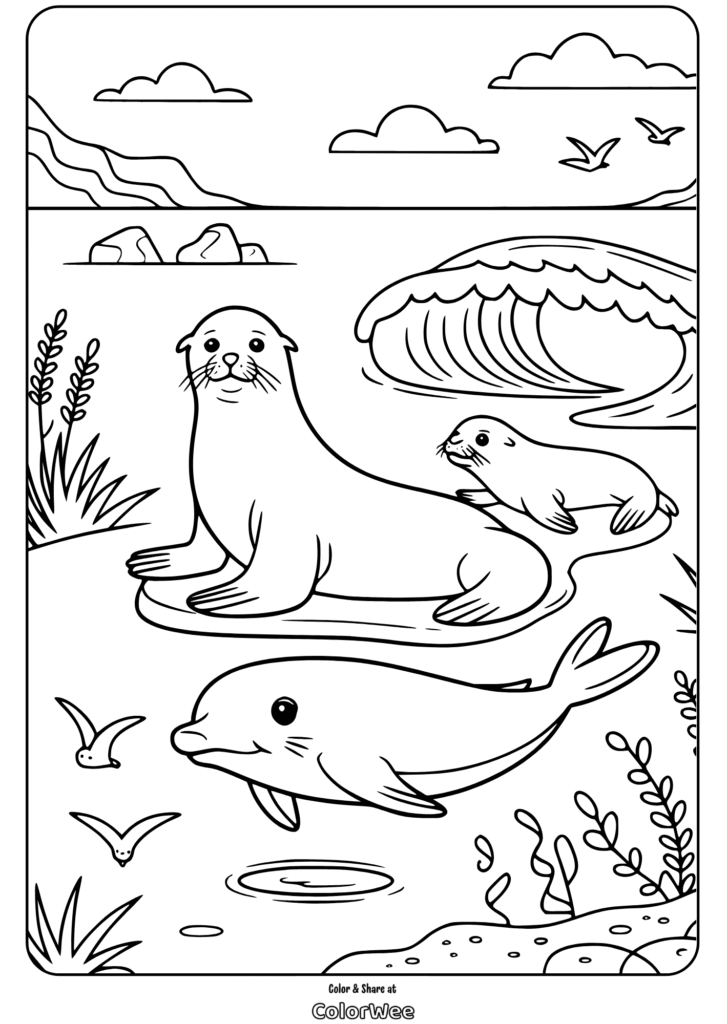 Seals and dolphins coloring page with ocean scene and waves.