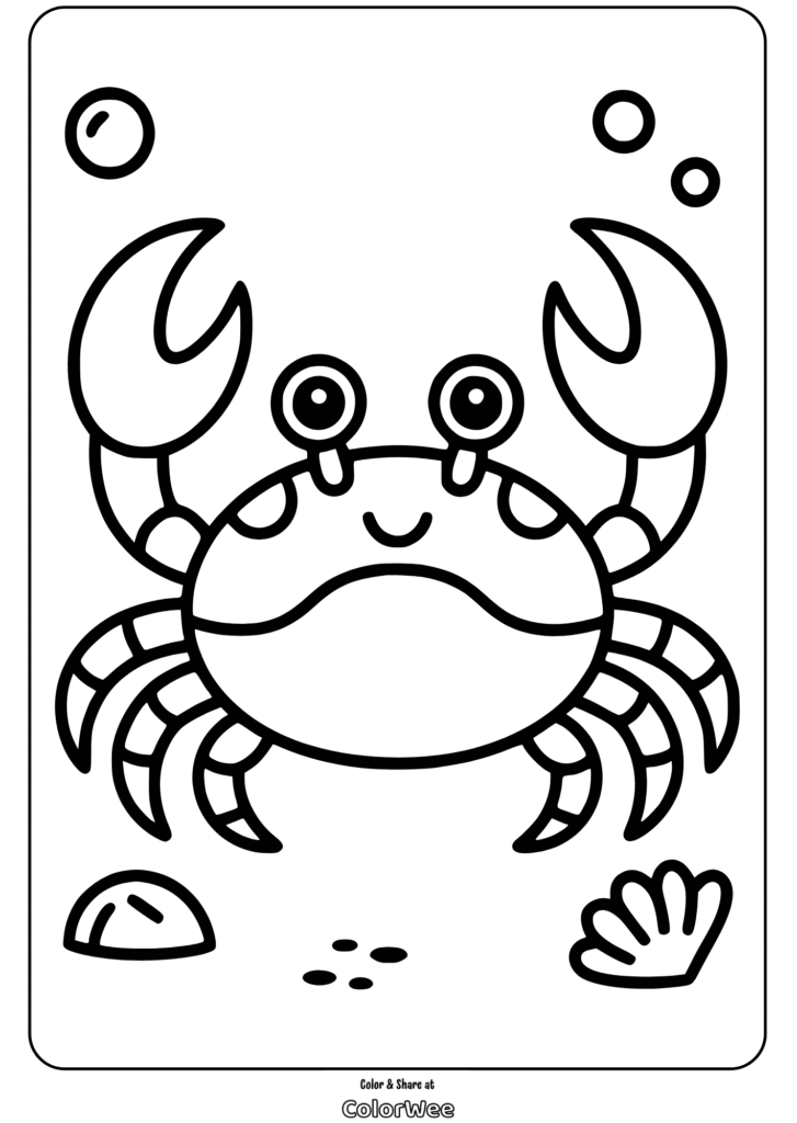 Crab coloring page for kids with beach theme. Fun activity sheet.