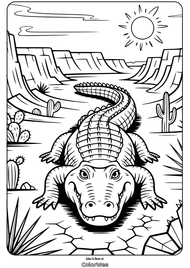 Alligator in desert landscape coloring page with cacti and sun.
