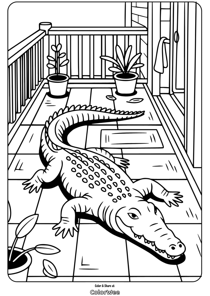 Alligator on porch coloring page for kids.